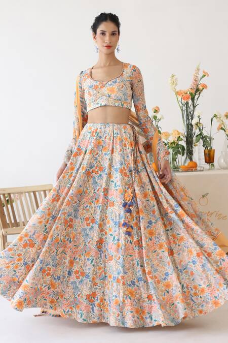 Baise Gaba_Off White Chiffon, Mohair Beads, Lace Asymmetric Sunlit Floral Print Lehenga Set _at_Aza_Fashions