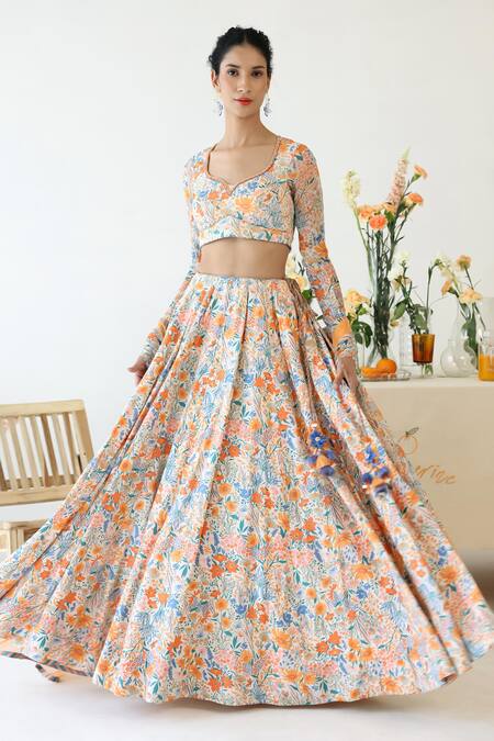 Buy_Baise Gaba_Off White Chiffon, Mohair Beads, Lace Asymmetric Sunlit Floral Print Lehenga Set 