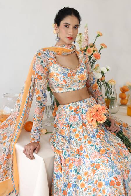 Shop Baise Gaba Off White Chiffon, Mohair Beads, Lace Asymmetric Sunlit Floral Print Lehenga Set Shop_Baise Gaba_Off White Chiffon, Mohair Beads, Lace Asymmetric Sunlit Floral Print Lehenga Set
