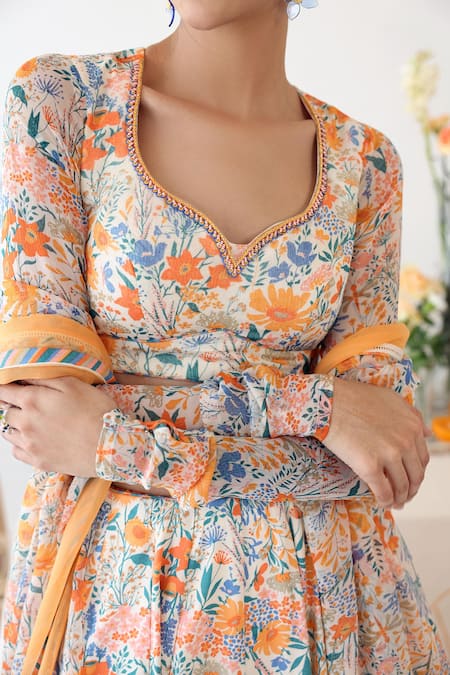 Buy_Baise Gaba_Off White Chiffon Embroidery Asymmetric Orchid Floral Print Blouse _Online_at_Aza_Fashions