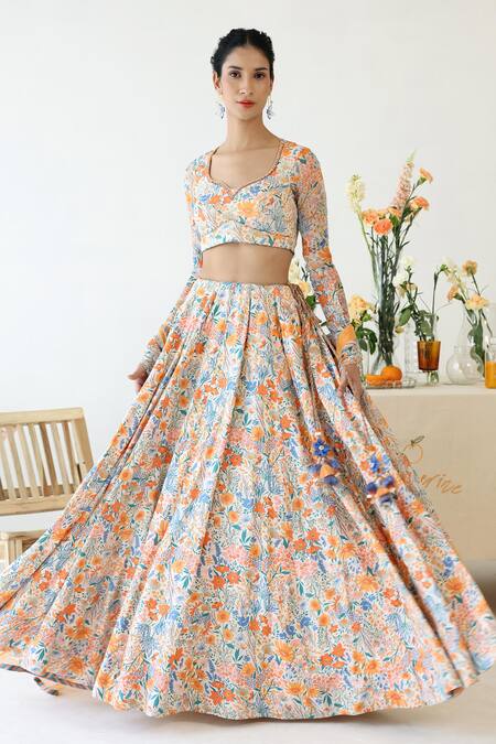 Baise Gaba_Off White Chiffon Embroidery Asymmetric Orchid Floral Print Blouse _at_Aza_Fashions