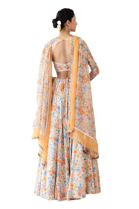 Shop Baise Gaba Off White Chiffon Embroidery Asymmetric Orchid Floral Print Blouse Shop_Baise Gaba_Off White Chiffon Embroidery Asymmetric Orchid Floral Print Blouse