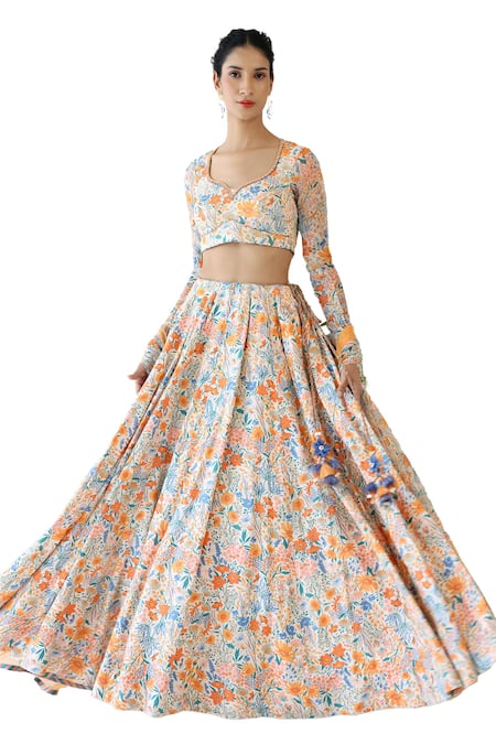 Baise Gaba_Off White Modal Sunlit Floral Print Lehenga _at_Aza_Fashions