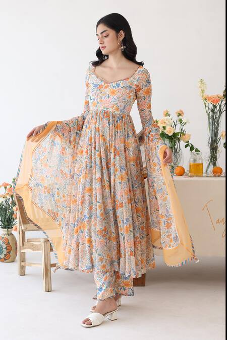 Baise Gaba_Off White Chiffon, Rayon Lace, Beads, Enigma Floral Print Anarkali Pant Set _Online_at_Aza_Fashions