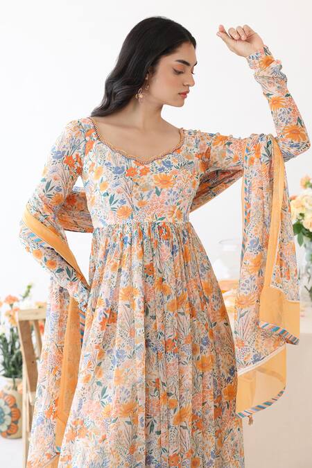 Shop_Baise Gaba_Off White Chiffon, Rayon Lace, Beads, Enigma Floral Print Anarkali Pant Set _Online_at_Aza_Fashions