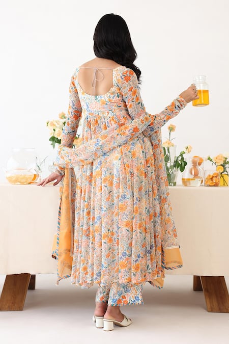 Shop_Baise Gaba_Off White Chiffon Embroidery, Beads Scoop Neck Enigma Floral Print Anarkali _at_Aza_Fashions