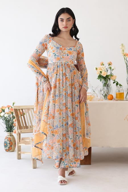 Buy_Baise Gaba_Off White Chiffon Embroidery, Beads Scoop Neck Enigma Floral Print Anarkali _Online_at_Aza_Fashions