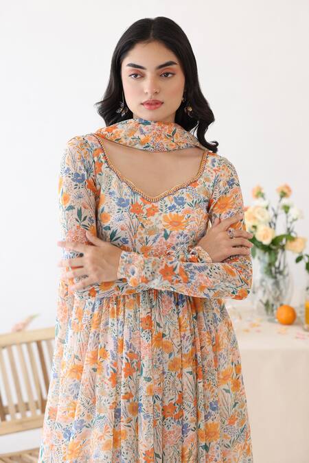 Baise Gaba_Off White Chiffon Embroidery, Beads Scoop Neck Enigma Floral Print Anarkali _at_Aza_Fashions