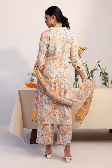 Shop_Baise Gaba_Off White Rayon, Chiffon Embroidery, Tassels Freesia Floral Print Kurta Pant Set _at_Aza_Fashions