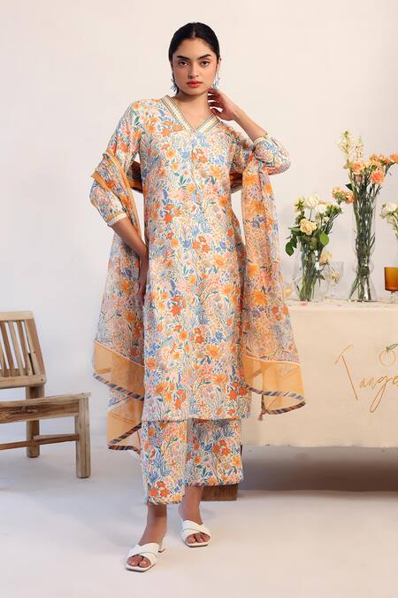 Shop_Baise Gaba_Off White Rayon, Chiffon Embroidery, Tassels Freesia Floral Print Kurta Pant Set _Online_at_Aza_Fashions