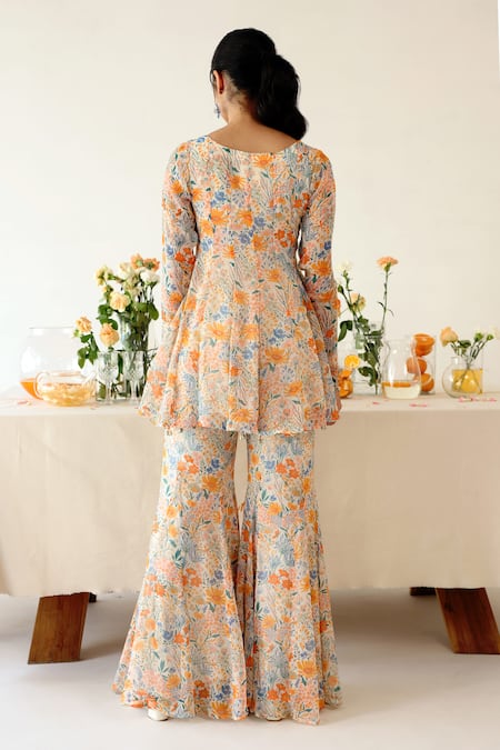 Shop_Baise Gaba_Off White Chiffon Beads Square Pansy Floral Print Short Anarkali With Gharara _at_Aza_Fashions