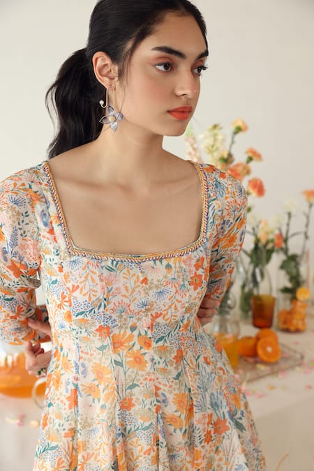 Baise Gaba_Off White Chiffon Beads Square Pansy Floral Print Short Anarkali With Gharara _Online_at_Aza_Fashions