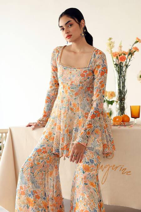 Buy_Baise Gaba_Off White Chiffon Beads Square Pansy Floral Print Short Anarkali With Gharara _Online_at_Aza_Fashions