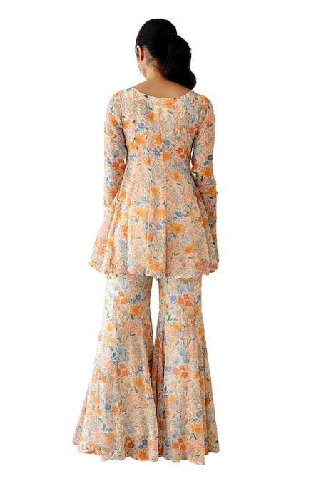 Shop Baise Gaba Off White Chiffon Beads Square Pansy Floral Print Short Anarkali With Gharara Online at Aza Fashions Shop_Baise Gaba_Off White Chiffon Beads Square Pansy Floral Print Short Anarkali With Gharara _Online_at_Aza_Fashions