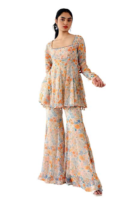 Baise Gaba Off White Chiffon Beads Square Pansy Floral Print Short Anarkali With Gharara at Aza Fashions Baise Gaba_Off White Chiffon Beads Square Pansy Floral Print Short Anarkali With Gharara _at_Aza_Fashions