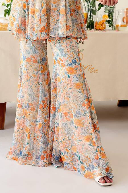 Buy Baise Gaba Off White Chiffon Beads Square Pansy Floral Print Short Anarkali With Gharara Buy_Baise Gaba_Off White Chiffon Beads Square Pansy Floral Print Short Anarkali With Gharara