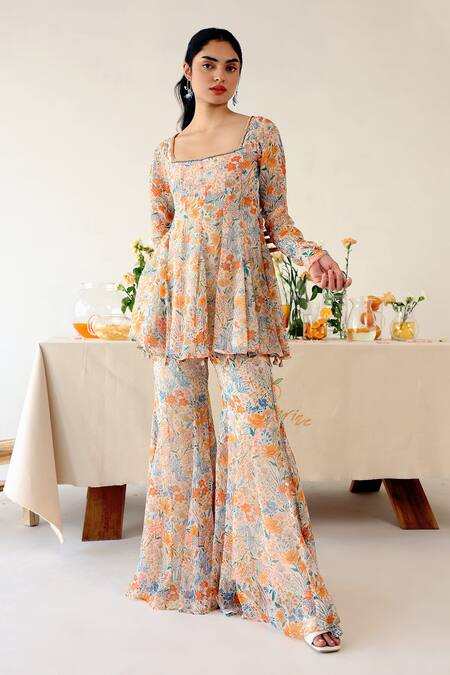 Shop_Baise Gaba_Off White Chiffon Beads Square Pansy Floral Print Short Anarkali With Gharara 