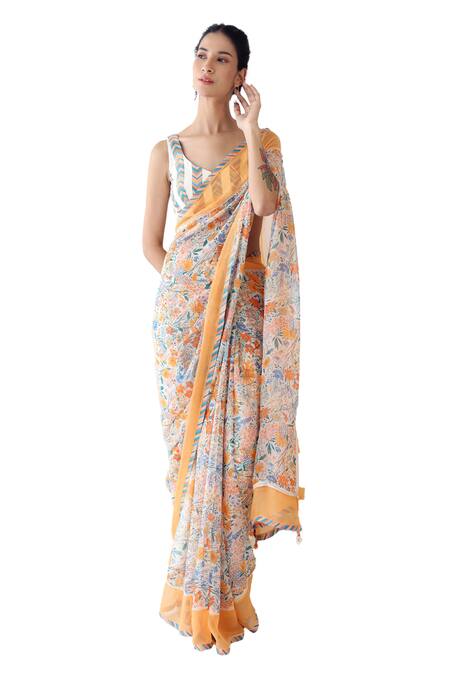 Baise Gaba Off White Chiffon, Rayon Lace V-neck Reveree Floral Print Saree With Blouse Online at Aza Fashions Baise Gaba_Off White Chiffon, Rayon Lace V-neck Reveree Floral Print Saree With Blouse _Online_at_Aza_Fashions