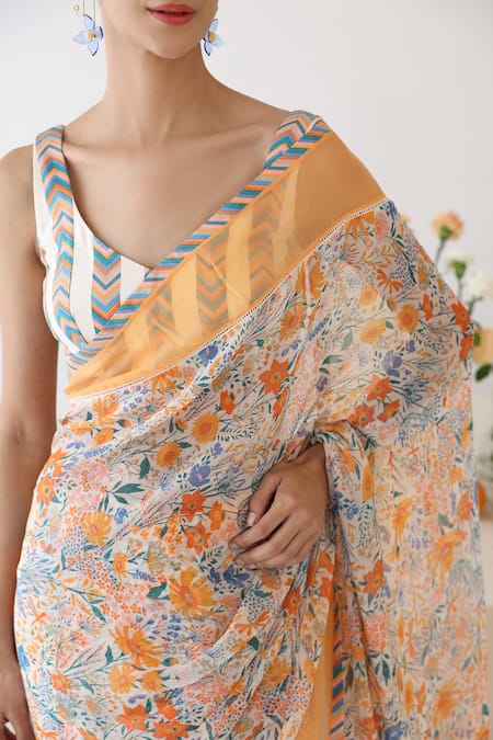 Shop_Baise Gaba_Off White Chiffon, Rayon Lace V-neck Reveree Floral Print Saree With Blouse _Online_at_Aza_Fashions