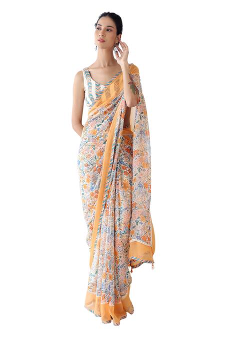 Baise Gaba_Off White Chiffon Embroidery Reveree Floral Print Saree _Online_at_Aza_Fashions