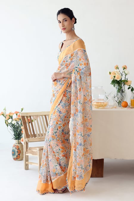 Buy_Baise Gaba_Off White Chiffon Embroidery Reveree Floral Print Saree _Online_at_Aza_Fashions