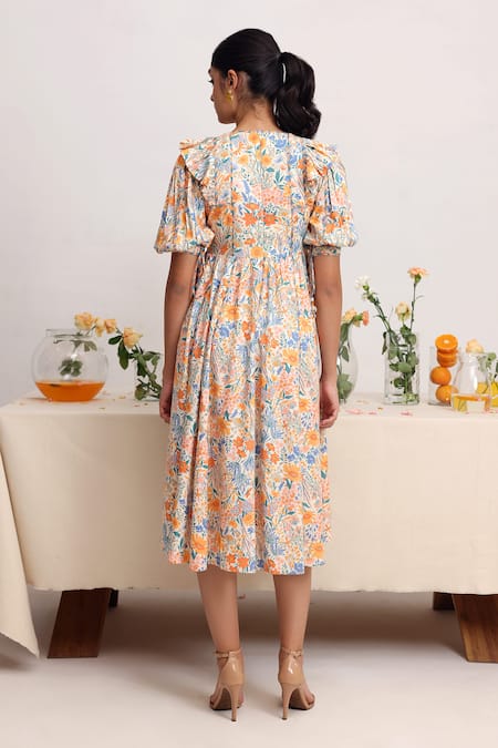 Shop_Baise Gaba_Off White Rayon Square Neck Glisen Floral Print Dress _at_Aza_Fashions