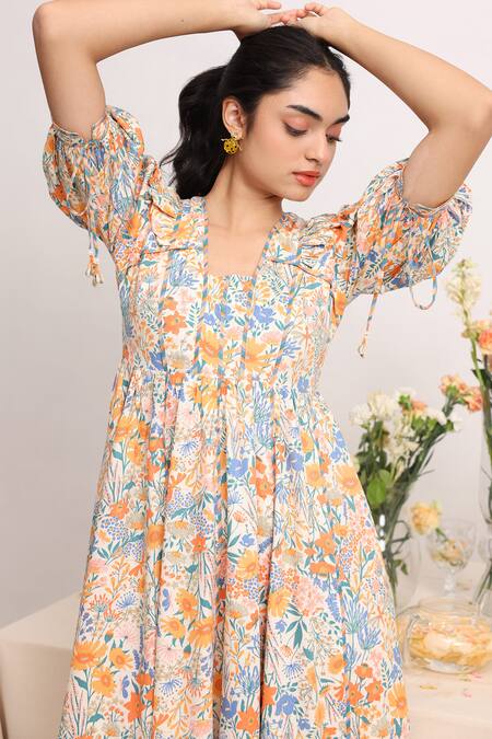 Baise Gaba_Off White Rayon Square Neck Glisen Floral Print Dress _Online_at_Aza_Fashions