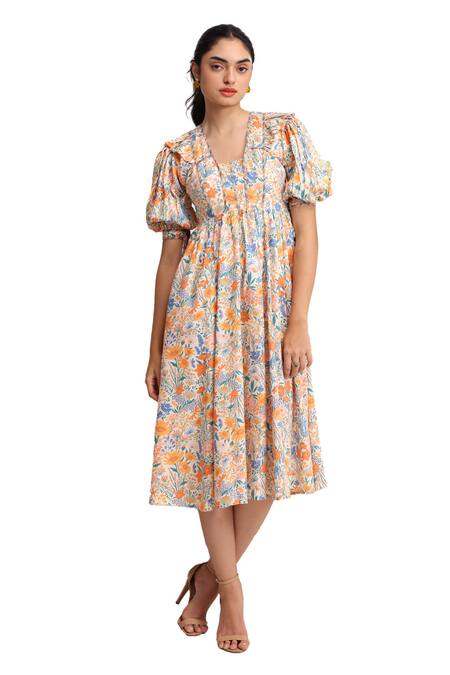 Buy Baise Gaba Off White Rayon Square Neck Glisen Floral Print Dress Online at Aza Fashions Buy_Baise Gaba_Off White Rayon Square Neck Glisen Floral Print Dress _Online_at_Aza_Fashions