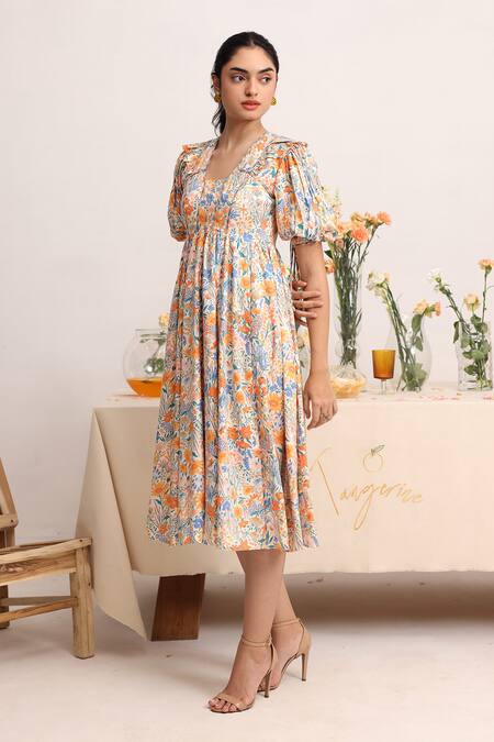 Shop Baise Gaba Off White Rayon Square Neck Glisen Floral Print Dress Online at Aza Fashions Shop_Baise Gaba_Off White Rayon Square Neck Glisen Floral Print Dress _Online_at_Aza_Fashions