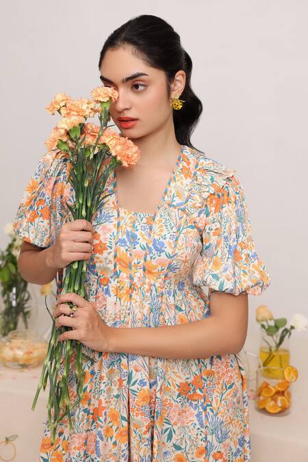 Baise Gaba_Off White Rayon Square Neck Glisen Floral Print Dress _at_Aza_Fashions