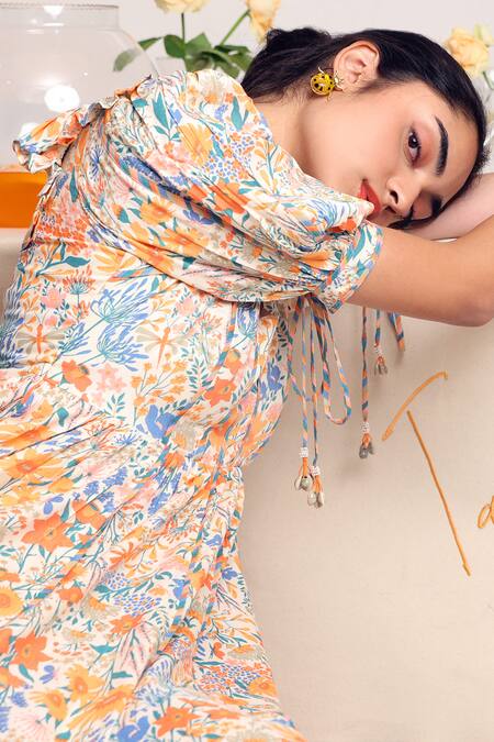 Shop_Baise Gaba_Off White Rayon Square Neck Glisen Floral Print Dress 