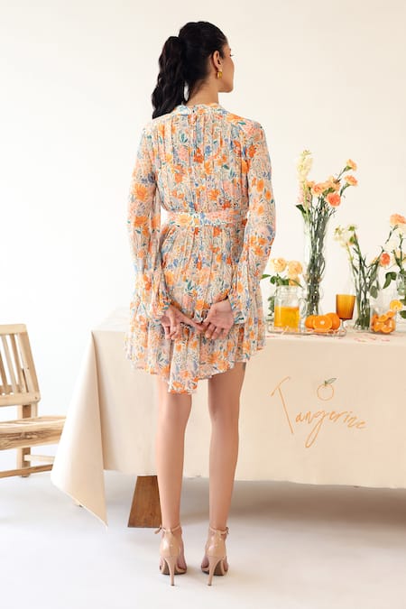 Shop_Baise Gaba_Off White Chiffon Bandeau Neck Sundrew Floral Print Pleated Dress _at_Aza_Fashions