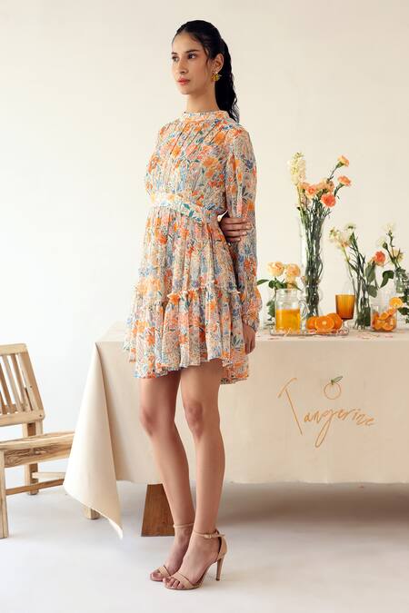 Baise Gaba_Off White Chiffon Bandeau Neck Sundrew Floral Print Pleated Dress _Online_at_Aza_Fashions