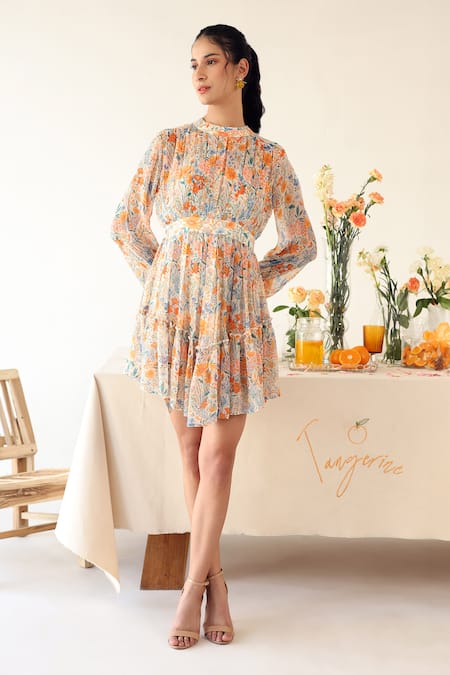 Buy_Baise Gaba_Off White Chiffon Bandeau Neck Sundrew Floral Print Pleated Dress _Online_at_Aza_Fashions