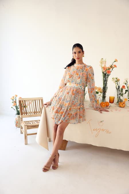 Baise Gaba_Off White Chiffon Bandeau Neck Sundrew Floral Print Pleated Dress _at_Aza_Fashions