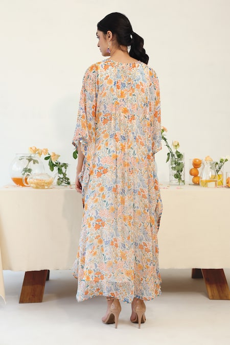 Shop_Baise Gaba_Off White Chiffon, Cotton Split V-neck Delight Floral Print Kaftan _at_Aza_Fashions