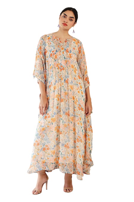 Baise Gaba Off White Chiffon, Cotton Split V-neck Delight Floral Print Kaftan Online at Aza Fashions Baise Gaba_Off White Chiffon, Cotton Split V-neck Delight Floral Print Kaftan _Online_at_Aza_Fashions