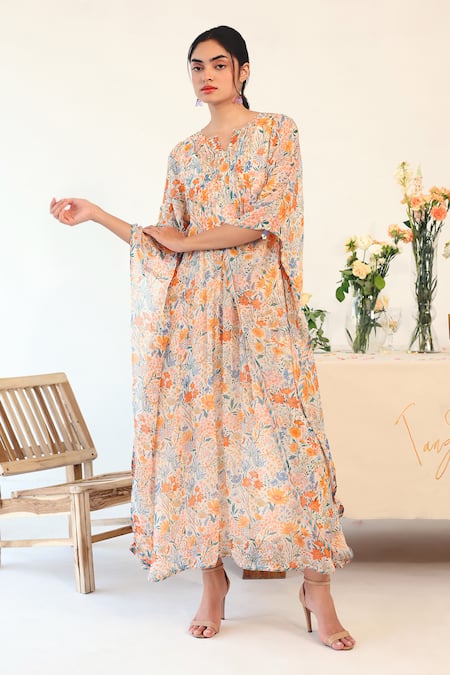 Buy_Baise Gaba_Off White Chiffon, Cotton Split V-neck Delight Floral Print Kaftan _Online_at_Aza_Fashions
