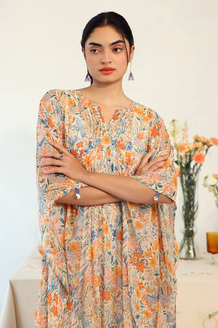 Baise Gaba_Off White Chiffon, Cotton Split V-neck Delight Floral Print Kaftan _at_Aza_Fashions