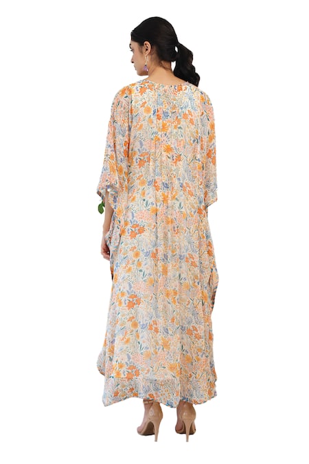Buy Baise Gaba Off White Chiffon, Cotton Split V-neck Delight Floral Print Kaftan Buy_Baise Gaba_Off White Chiffon, Cotton Split V-neck Delight Floral Print Kaftan