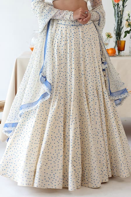 Buy Baise Gaba Off White Rayon, Chiffon Lace Boat Neck Petal Polka Dot Print Lehenga Set Online at Aza Fashions Buy_Baise Gaba_Off White Rayon, Chiffon Lace Boat Neck Petal Polka Dot Print Lehenga Set _Online_at_Aza_Fashions