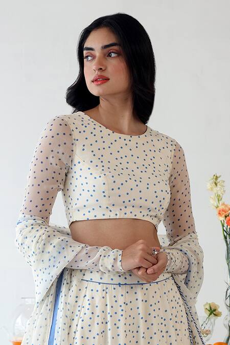 Baise Gaba Off White Chiffon, Rayon Boat Neck Fabel Polka Dot Print Blouse Online at Aza Fashions Baise Gaba_Off White Chiffon, Rayon Boat Neck Fabel Polka Dot Print Blouse _Online_at_Aza_Fashions