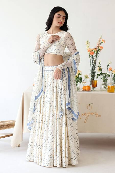 Baise Gaba_Off White Rayon Embroidery, Foil Printing Petal Polka Dot Lehenga _Online_at_Aza_Fashions
