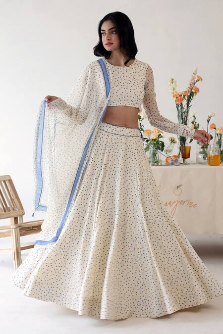 Baise Gaba_Off White Rayon Embroidery, Foil Printing Petal Polka Dot Lehenga _at_Aza_Fashions