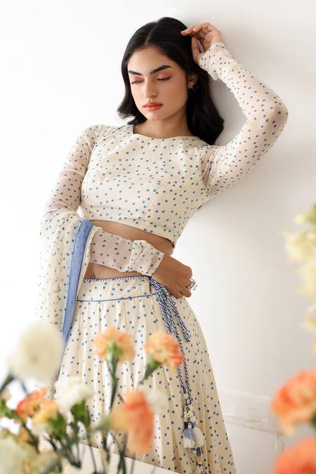 Shop_Baise Gaba_Off White Rayon Embroidery, Foil Printing Petal Polka Dot Lehenga 