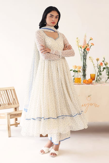 Buy_Baise Gaba_Off White Chiffon, Rayon Lace, Beads, Boondie Polka Dot Print Anarkali Pant Set _Online_at_Aza_Fashions