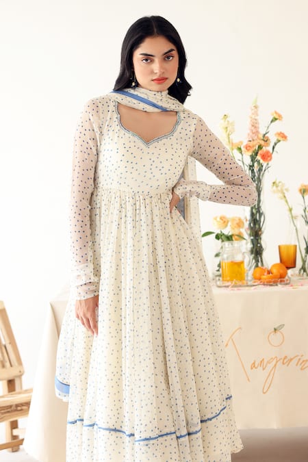 Shop_Baise Gaba_Off White Chiffon, Rayon Lace, Beads, Boondie Polka Dot Print Anarkali Pant Set _Online_at_Aza_Fashions
