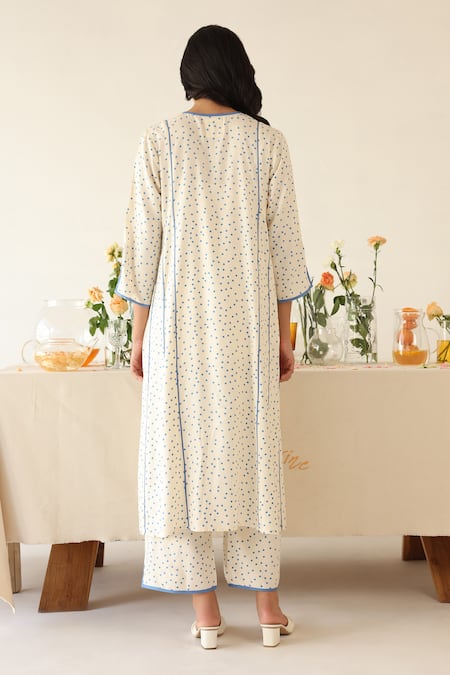 Shop_Baise Gaba_Off White Rayon Split V-neck Polka Dot Print Kurta With Pant _at_Aza_Fashions