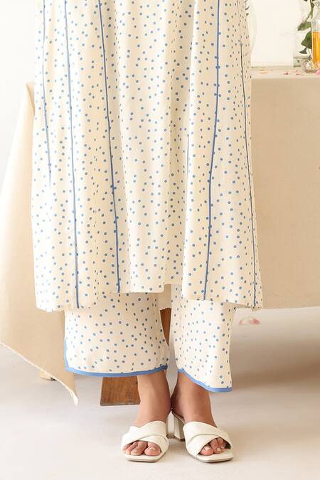 Baise Gaba Off White Rayon Split V-neck Polka Dot Print Kurta With Pant Online at Aza Fashions Baise Gaba_Off White Rayon Split V-neck Polka Dot Print Kurta With Pant _Online_at_Aza_Fashions