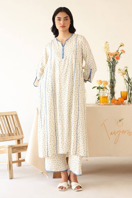 Buy_Baise Gaba_Off White Rayon Split V-neck Polka Dot Print Kurta With Pant _Online_at_Aza_Fashions